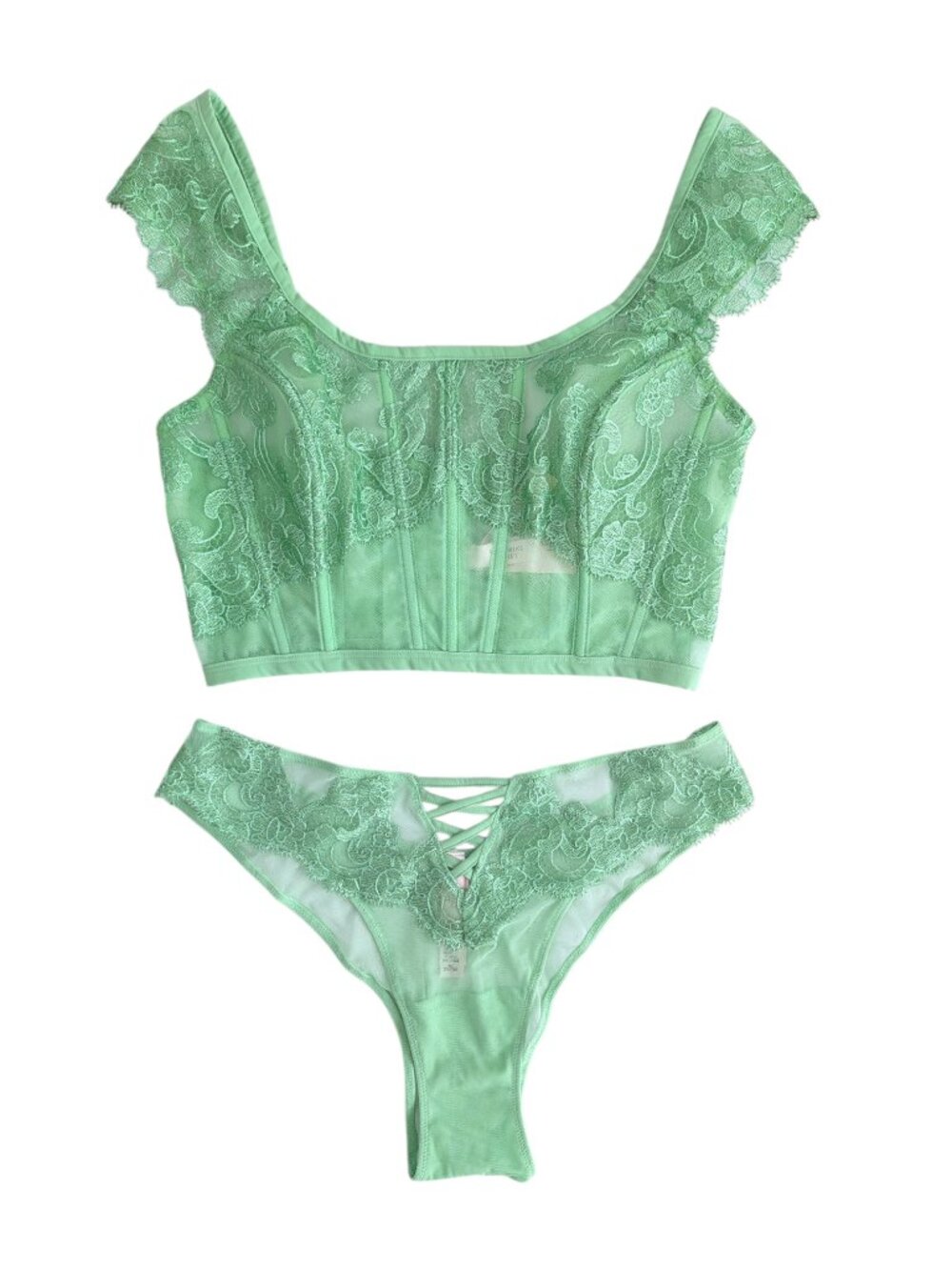 Victoria's Secret Green Corset Top Panty Lingerie Set Dream Angels Lace Sz M-DD